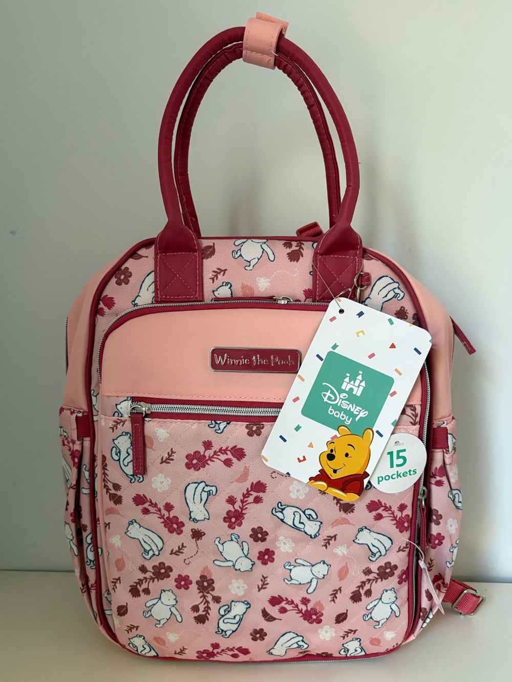 Winnie the Pooh Disney Baby Multi-Piece Diaper Bag Baby Bag Set Pink Leaves NWT - Picture 3 of 15